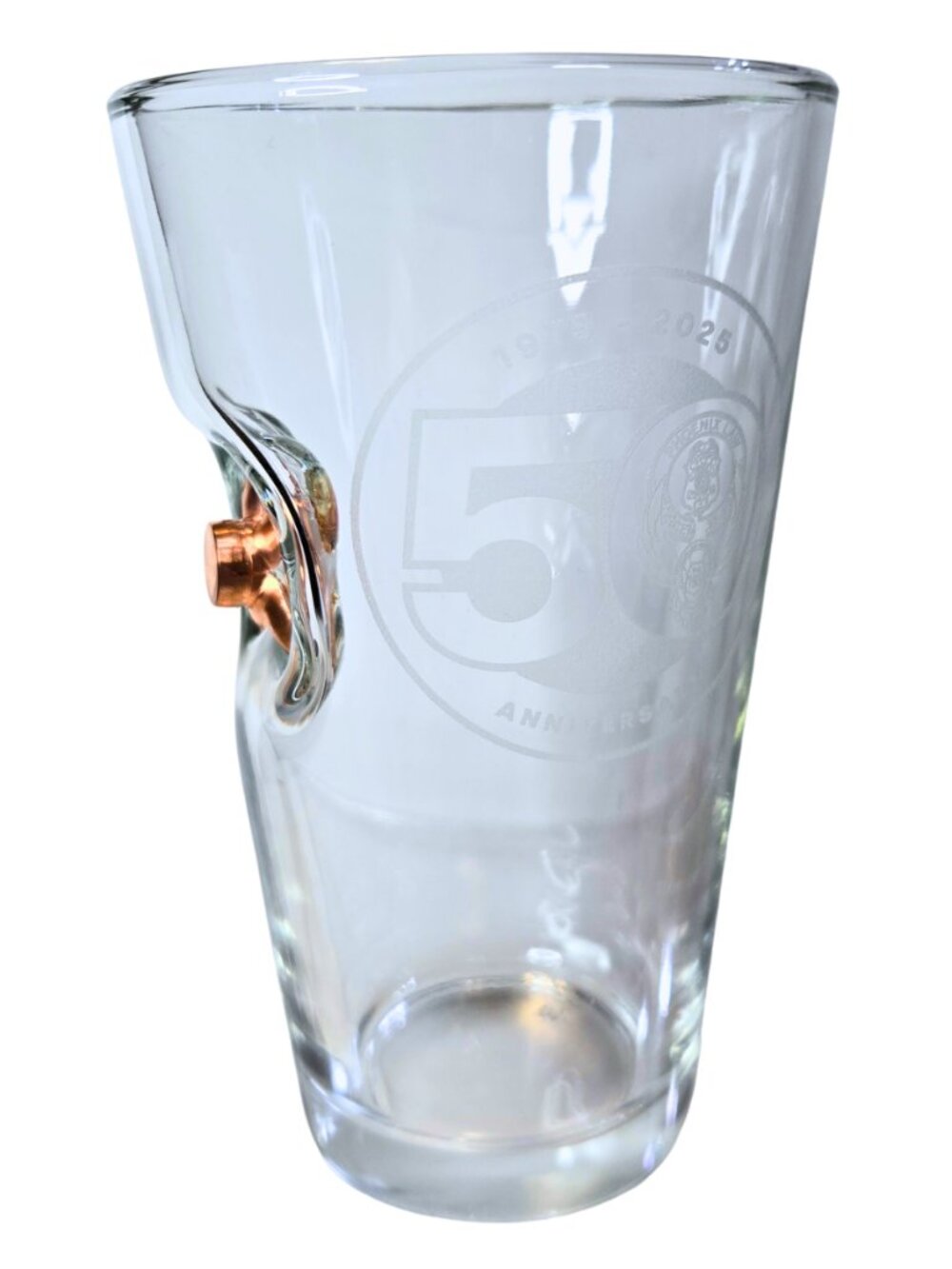BenShot 50th anniversary logo for Phoenix Law Glass bullet embedded in the side